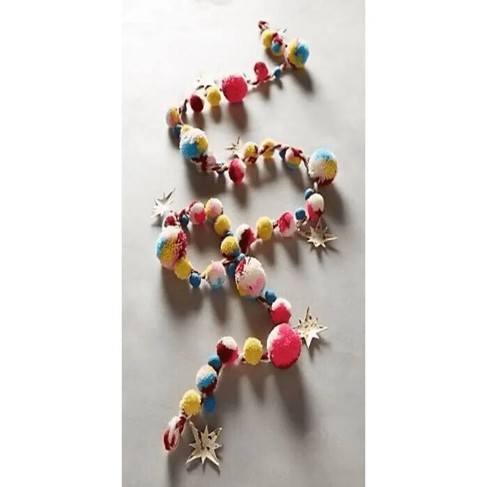 Anthropologie Wishing Star Garland Pom Pom Colorful Stars NEW